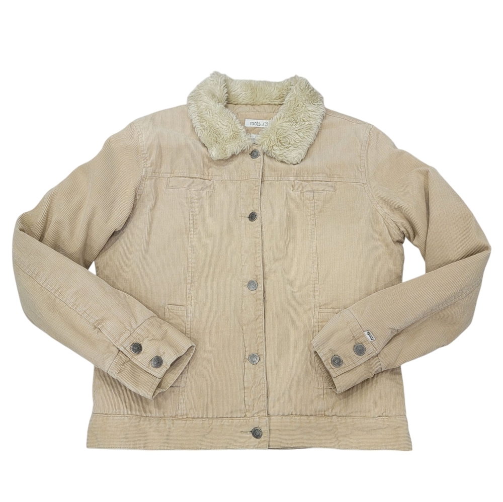 Roots 73 Corduroy Sherpa Collar Trucker Jacket Tan Quilted Lined Barn Women’s L - Picture 3 of 16